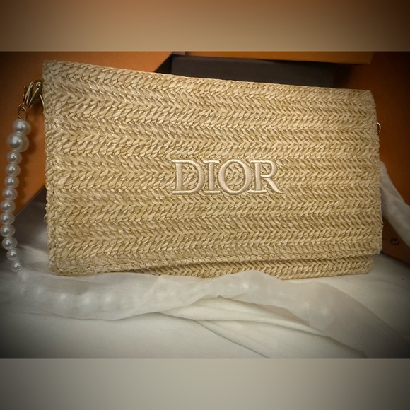 Dior Beauty Handbags - Dior Beauty NWOT Raffia Pouch with Faux Pearl Shoulder Strap